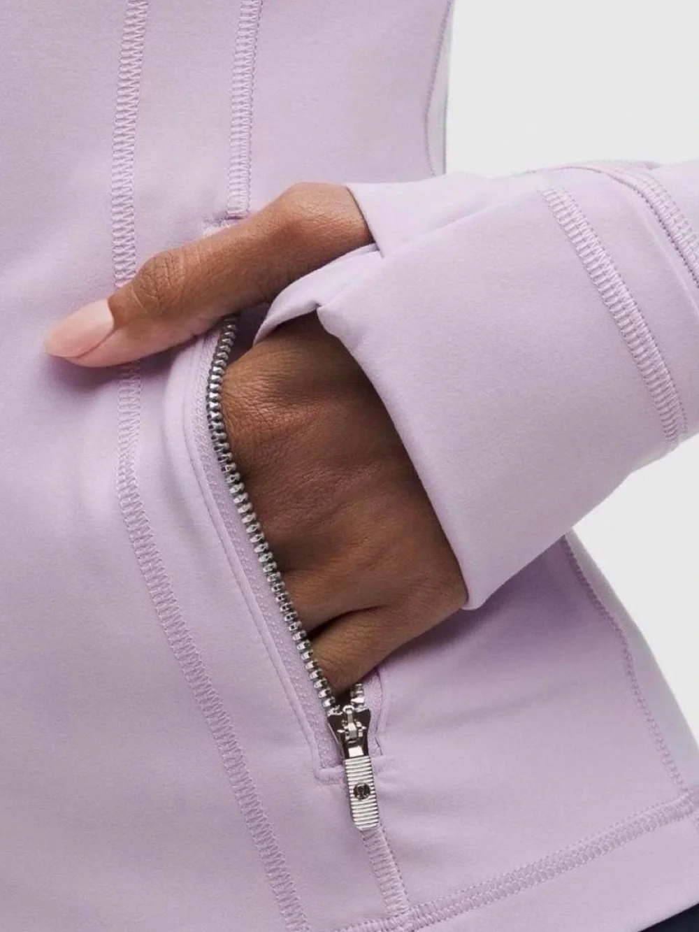 lululemon Define Jacket Nulu in Lilac with Accent Silver Mirror Zippers.